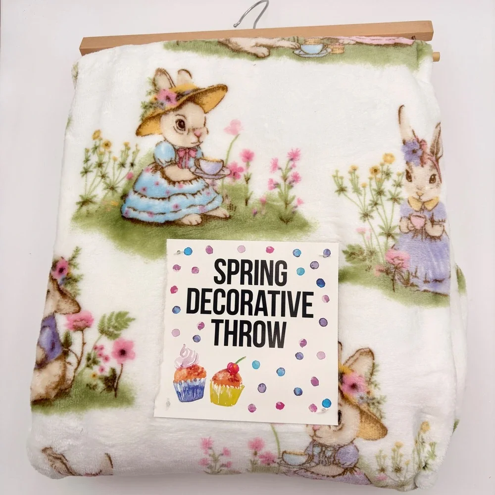 Adirondack Easter Spring Throw Blanket White Bunnies Floral Garden Tea party
